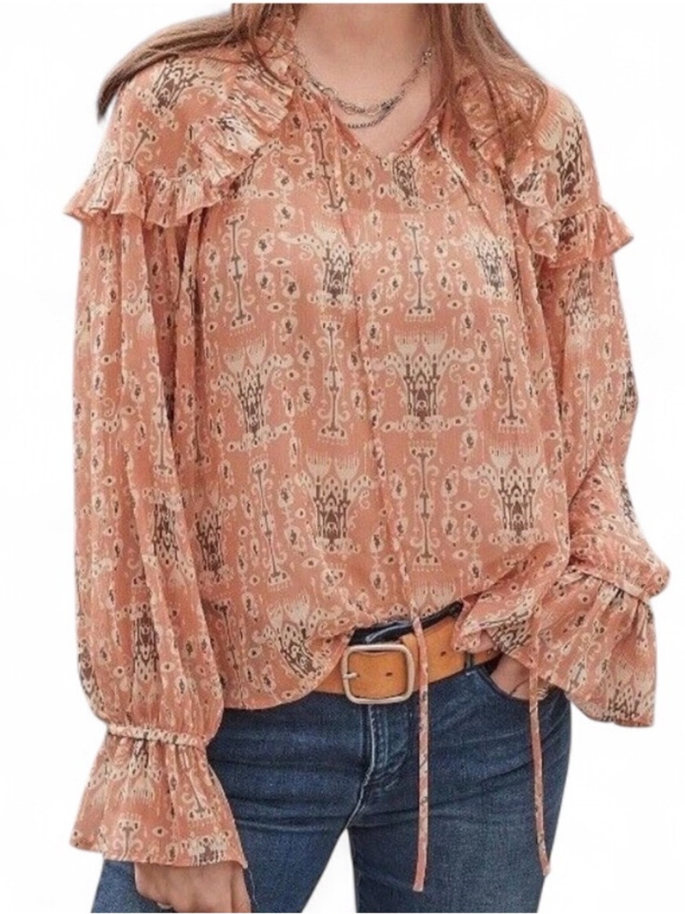 Sundance Madeline Ruffle Blouse Boho  Sheer Lightweight Peasant Top Cottage Sz S